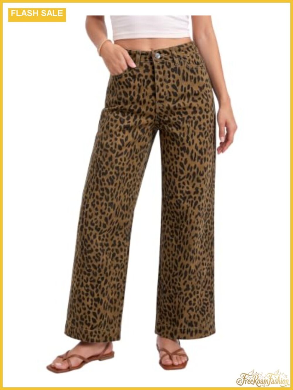 Wide Leg Jeans Woman Leopard Cheetah Print Ankle Length Denim Pants